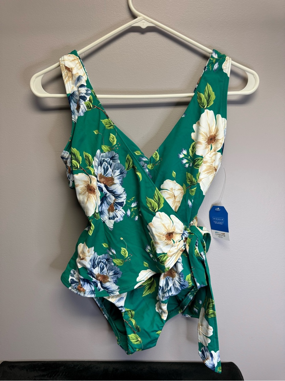 Green Floral One-Piece Swimsuit with Tie Waist
